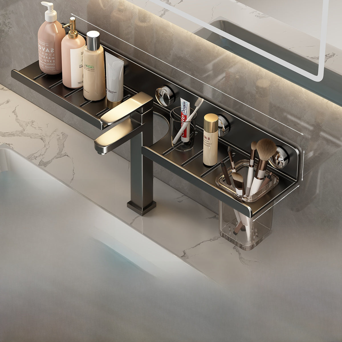 Suction Cup Bathroom Mirror with Storage Shelf - Wall Mounted No-Drill Bathroom Organiser in Gun Grey