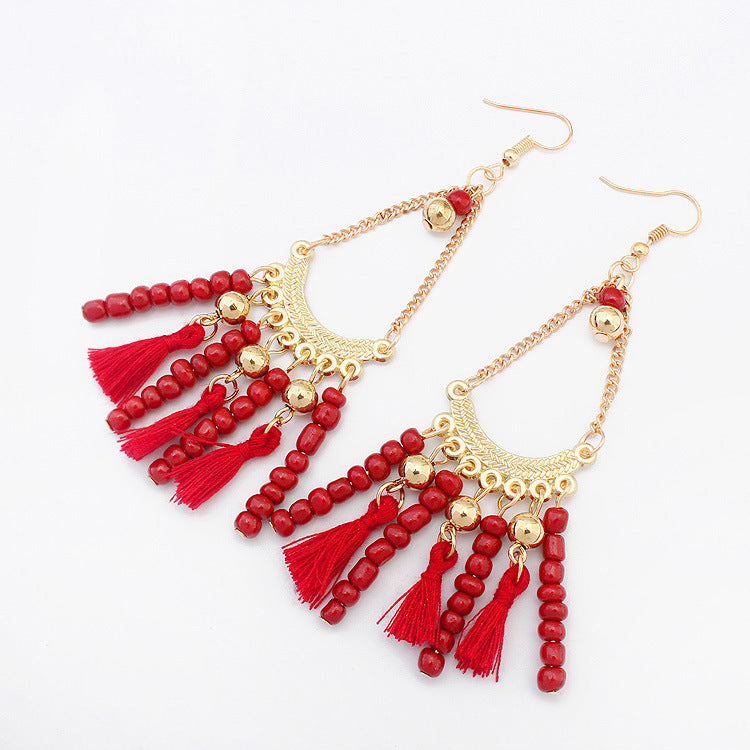 Water Drop Gemstone Tassel Earrings–Long Alloy Drop Earrings with Crystal Stones, Statement Jewellery (Multicolor)