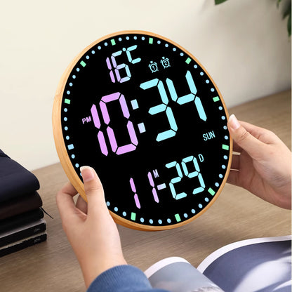 12 Inch Bamboo LED Digital Wall Clock - Remote Control Calendar, Temperature & Alarm Display