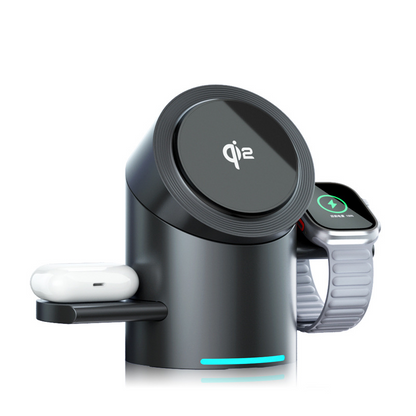3-in-1 Magnetic Wireless Charging Stand–Fast Charging Dock for Phone, Watch & Earbuds