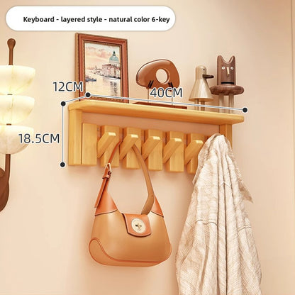 Solid Wood Piano Key Wall Hook Rack with Shelf - Entryway Coat & Key Organiser