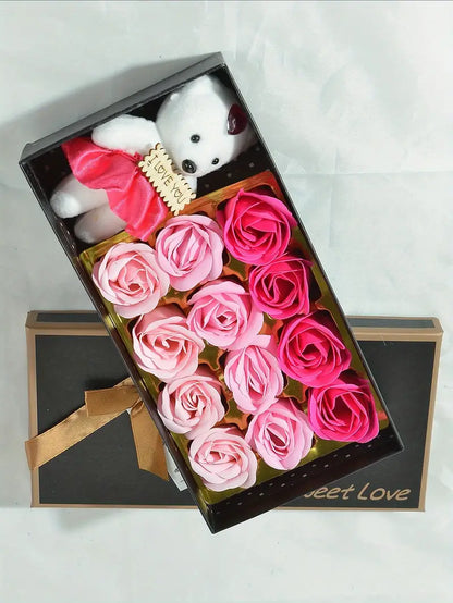 Luxury Soap Flower Gift Box with Kawaii Bear–Romantic Rose Bouquet for Special Occasions