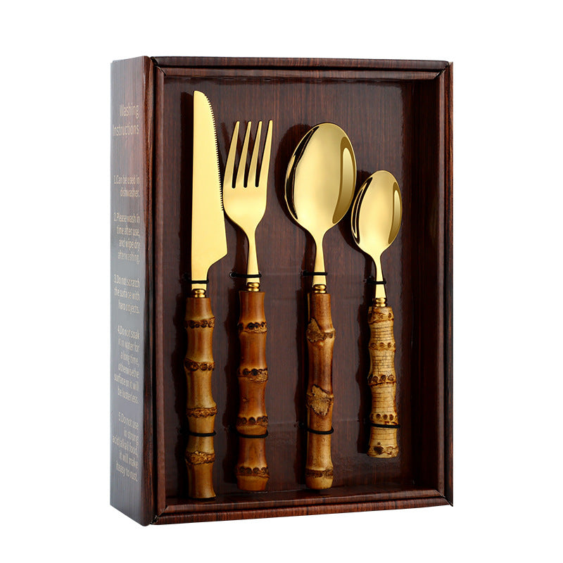 304 Stainless Steel Cutlery Set with Bamboo Handles–Luxury Gold & Silver Flatware Set, Modern Dining Tableware (20/24 Piece Set)