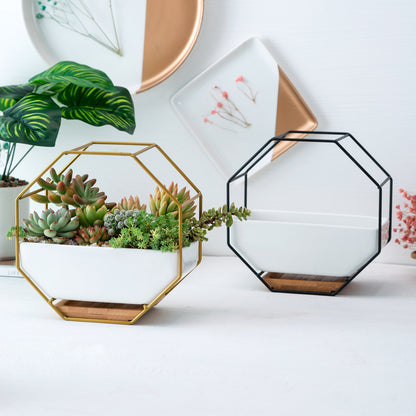 Nordic Ceramic Wall Planter–Modern Geometric Hanging Plant Pot With Bamboo Stand