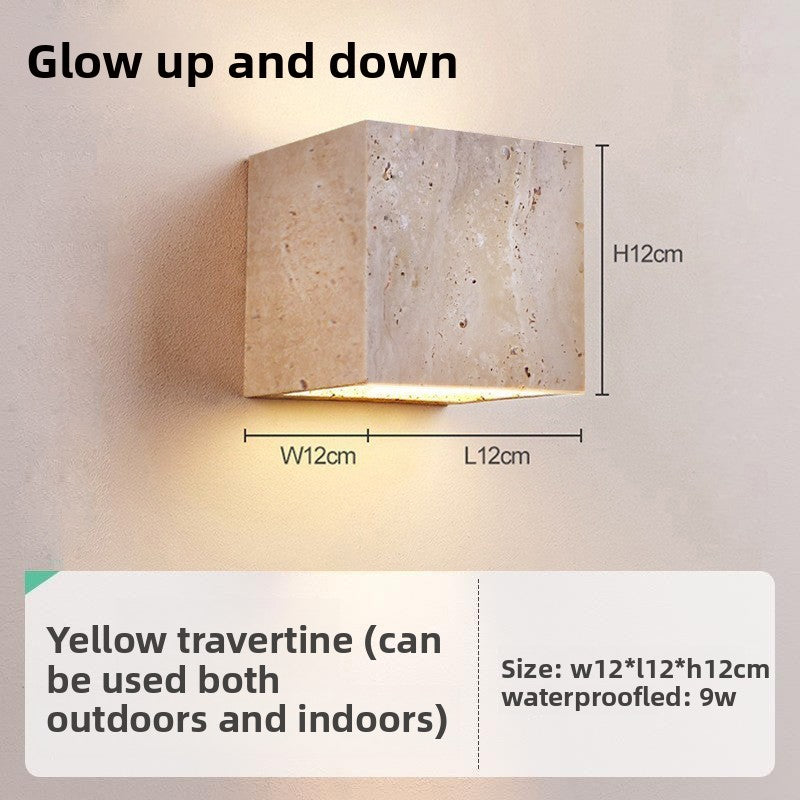 Yellow Travertine LED Wall Light - Retro Stone Indoor & Outdoor Feature Lamp