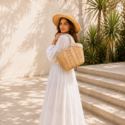Women's Pearl Straw Woven Handbag–Summer Beach Tote, Crossbody & Shoulder Bag