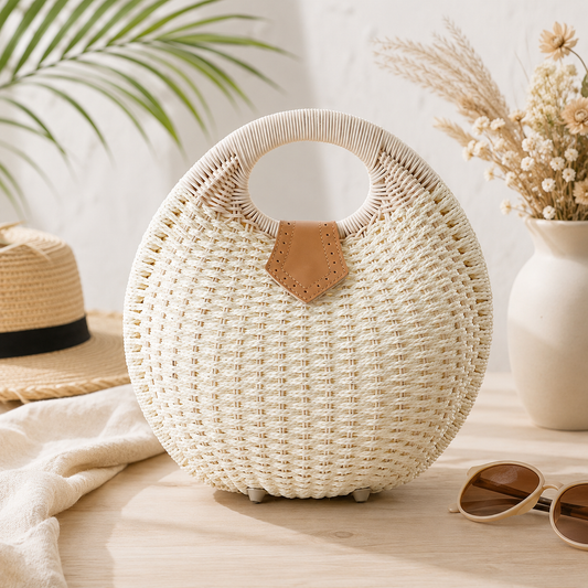 Women's Woven Rattan Handbag–Summer Beach Tote, Straw Shoulder Bag & Holiday Handbag