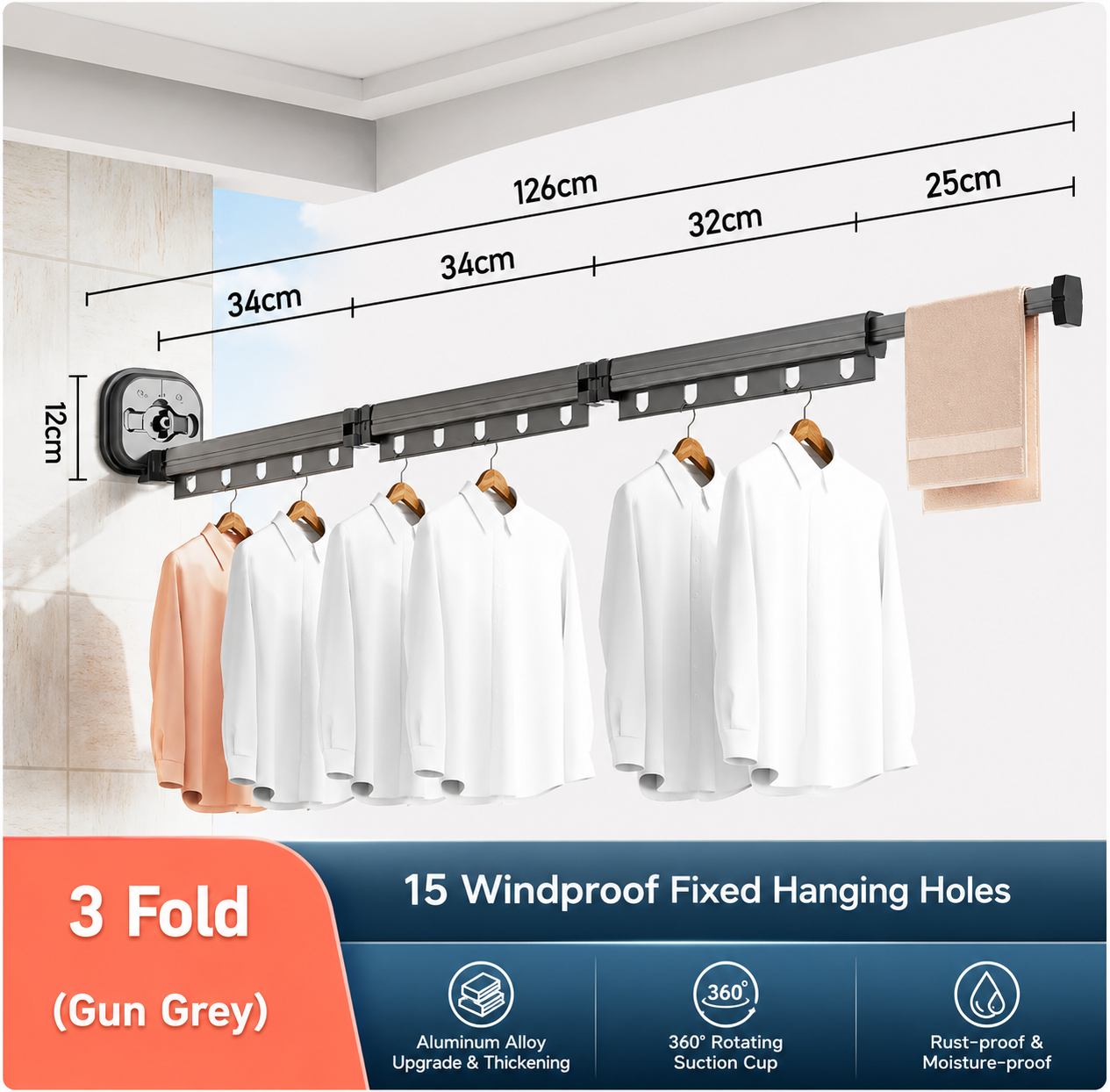 Folding Suction Cup Clothes Hanger–Retractable Wall Mounted Drying Rack for Laundry & Small Spaces