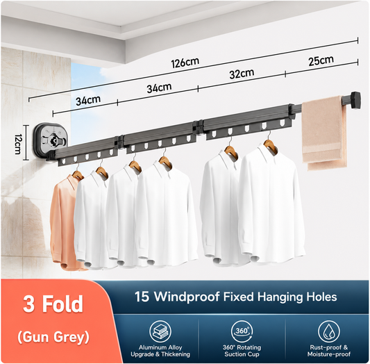 Folding Suction Cup Clothes Hanger–Retractable Wall Mounted Drying Rack for Laundry & Small Spaces