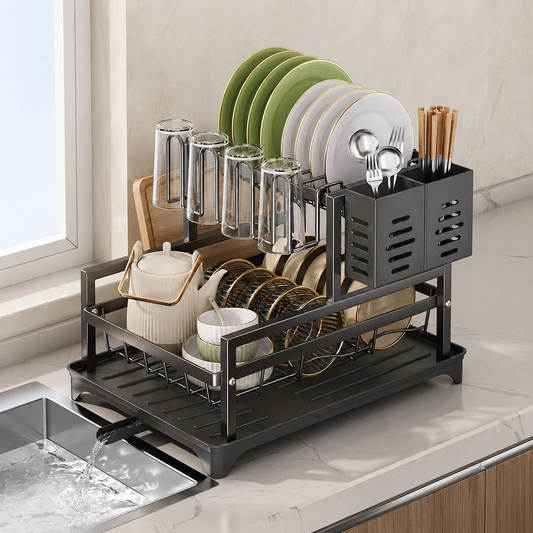2 Tier Dish Drying Rack - Stainless Steel Kitchen Dish Rack with Utensil Holder