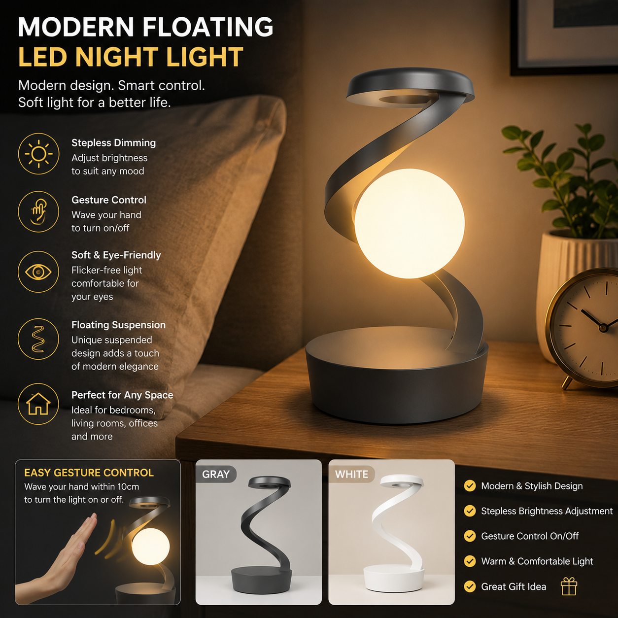 Wireless Charging Night Light Lamp–Dimmable LED Bedside Lamp with 15W Fast Wireless Charger