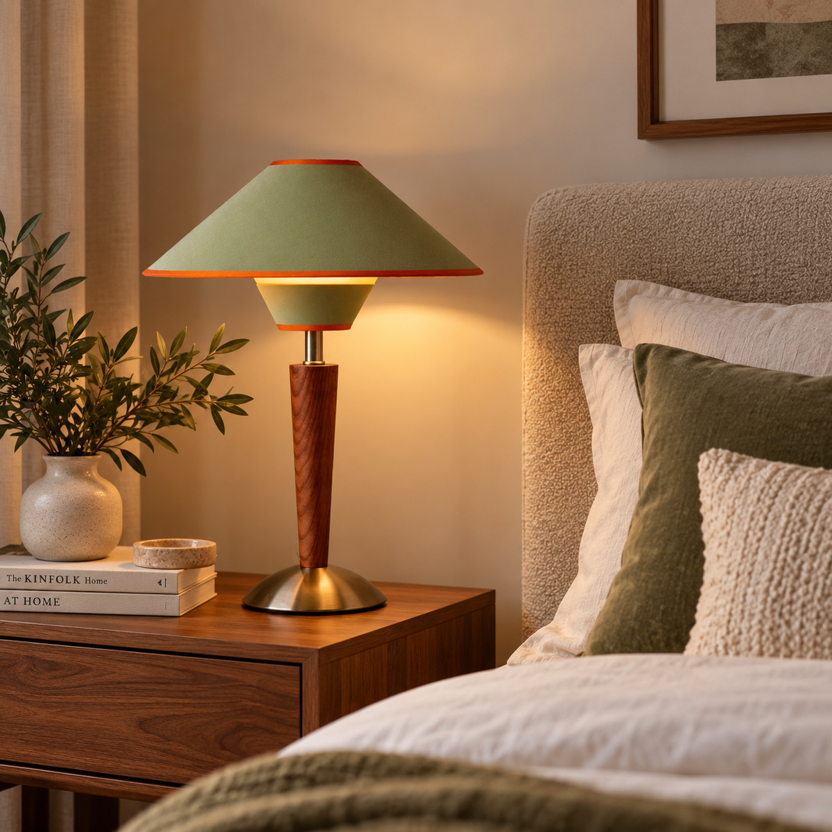 Mid-Century Table Lamp - 1960s Vintage Solid Wood Bedside Lamp with Fabric Shade