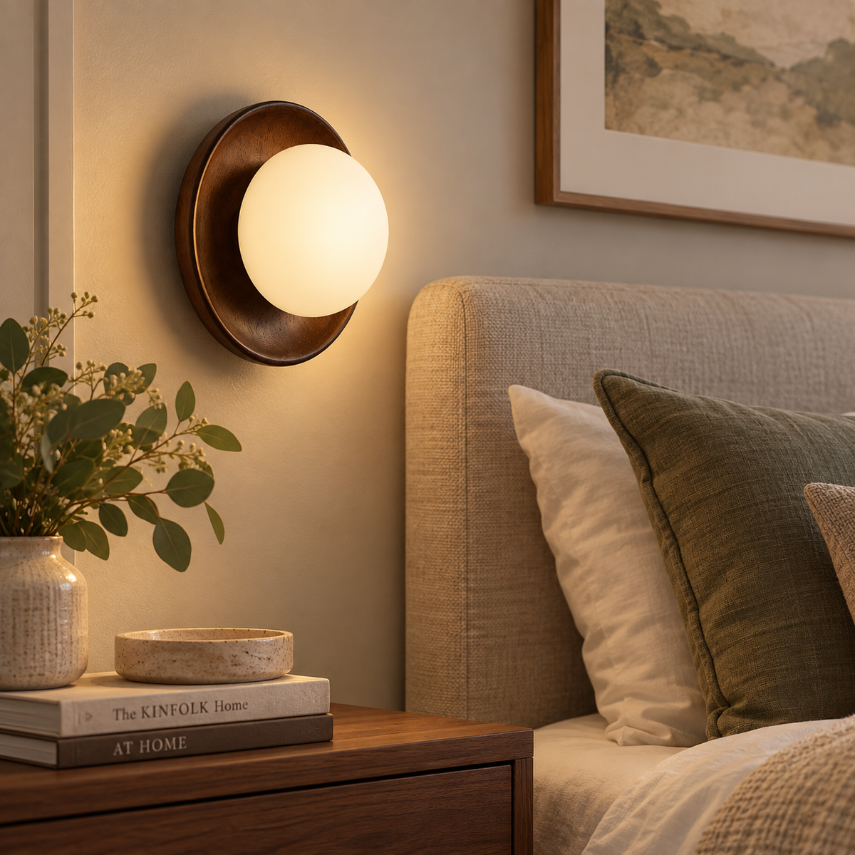 Japanese Natural & Walnut Wall Light - Vintage Wood & Glass LED Bedside Wall Lamp