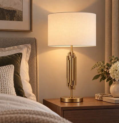 Modern Gold Table Lamp - Fabric Shade Luxury Bedside & Living Room Lamp