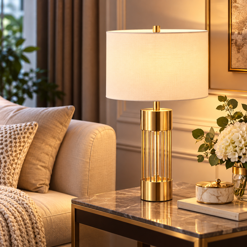 Nordic Copper Finish Table Lamp - Modern LED Bedside & Living Room Lamp with Fabric Shade