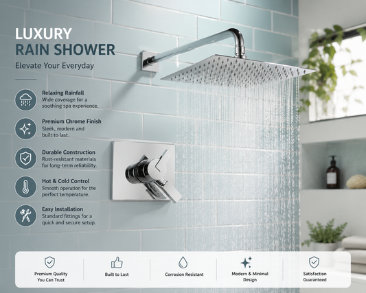 304 Stainless Steel Rainfall Shower Head-Premium Square Chrome Shower Head-High Pressure Bathroom Rain Shower (15–40cm)