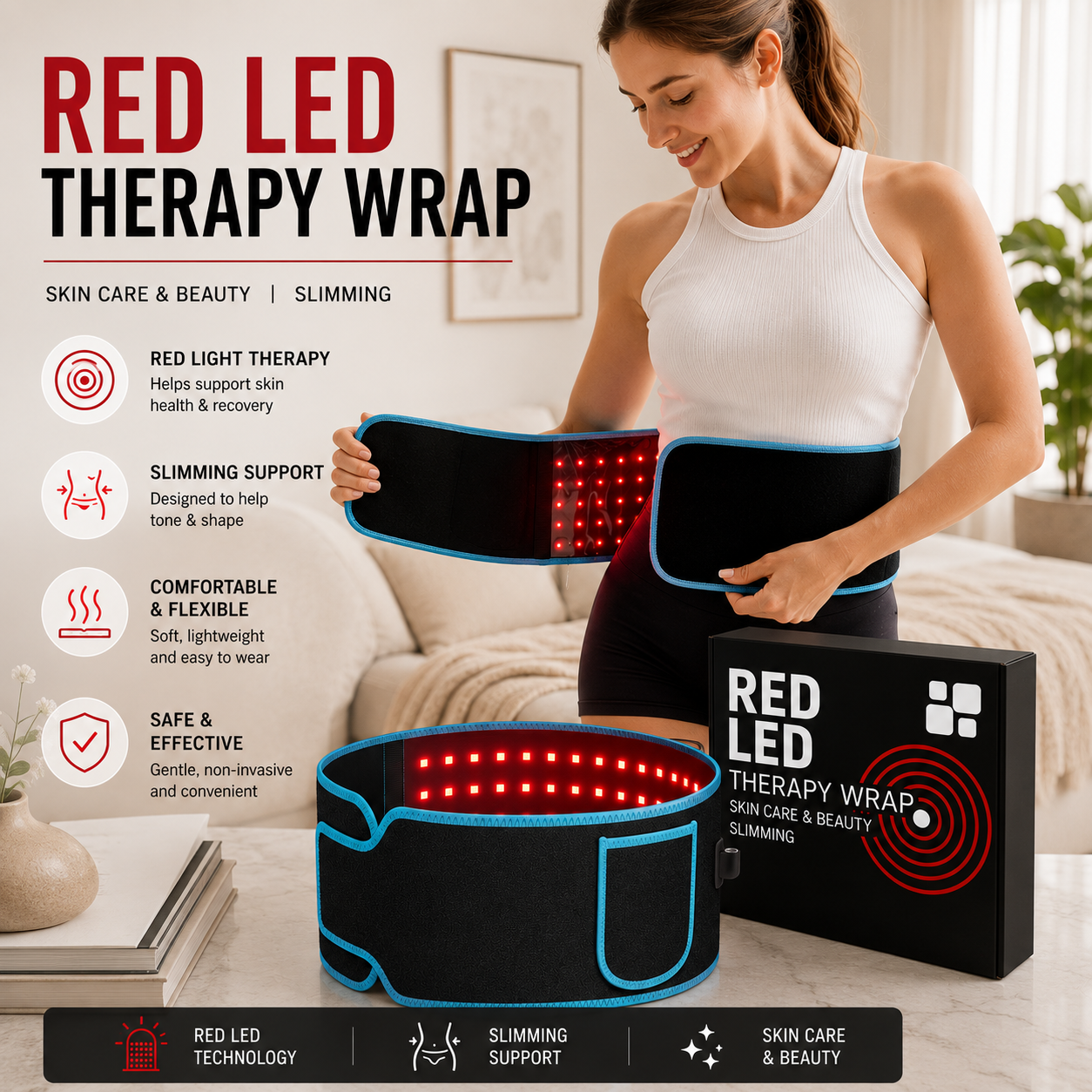 Red Light Therapy Belt–Infrared LED Heating Wrap for Muscle & Joint Comfort