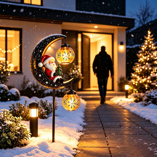 Solar Christmas Garden Light - 3D Moon & Santa LED Outdoor Decoration with Ground Stake