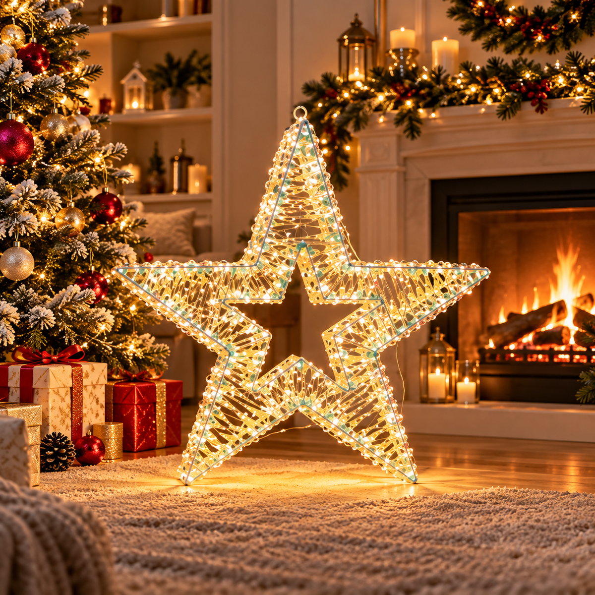 50cm LED Christmas Star Decoration - Light-Up Metal Star with Christmas Baubles