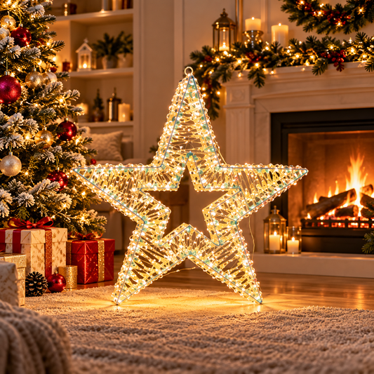 50cm LED Christmas Star Decoration - Light-Up Metal Star with Christmas Baubles
